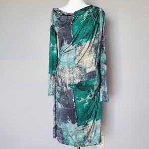 Piazza Sempione Abstract Green Long Sleeve Ruched Modest Designer Dress 42 EU